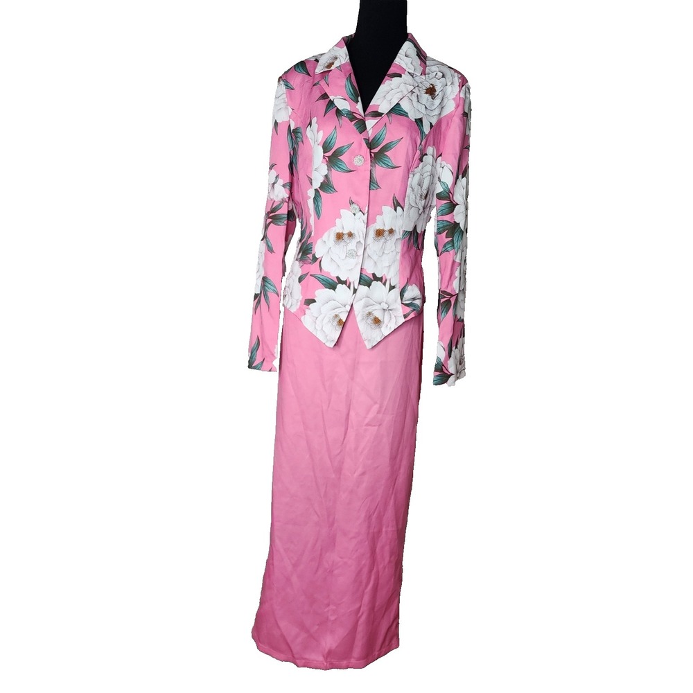 Pink Floral Long Sleeve Blazer & Pink Maxi Skirt Set